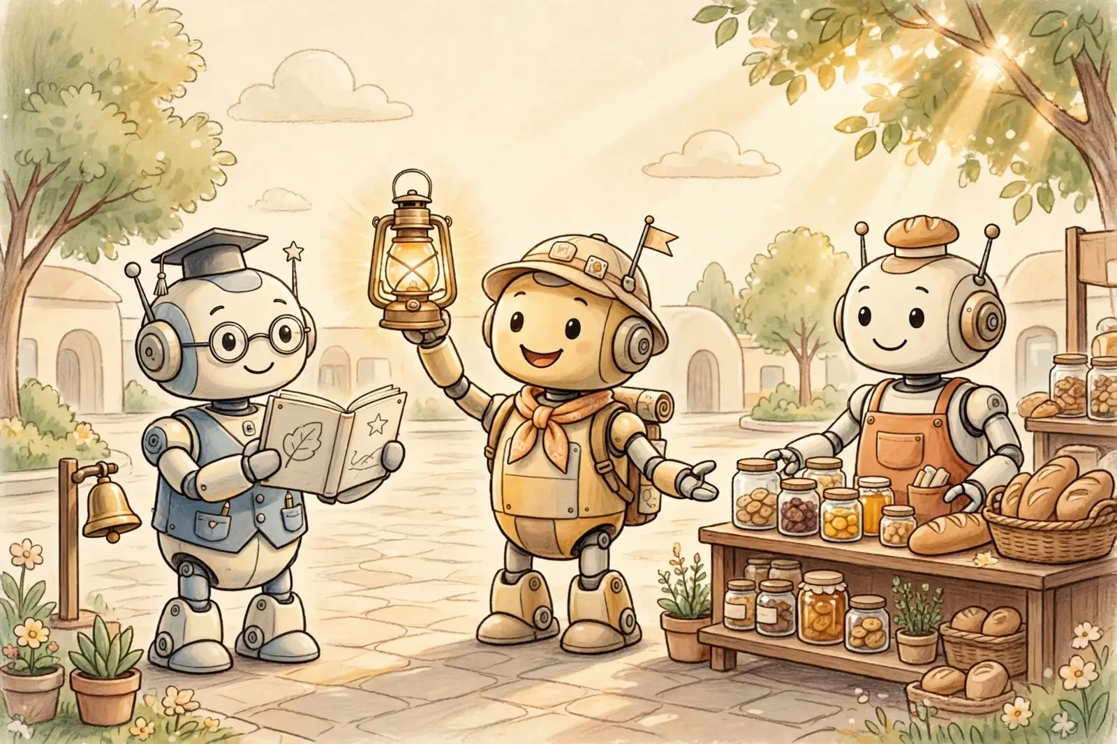 A robot shopkeeper at a market stall in a bright virtual world, under a Robot Market sign