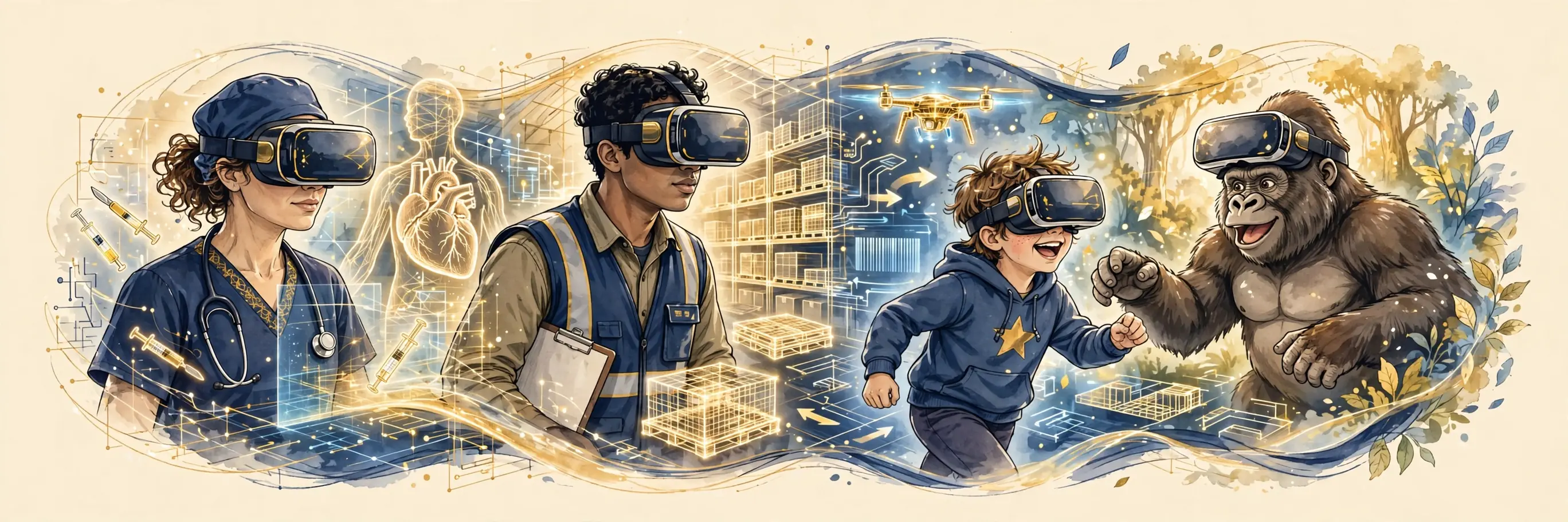 A surgeon, a trainee and a kid in VR headsets inside overlapping virtual worlds