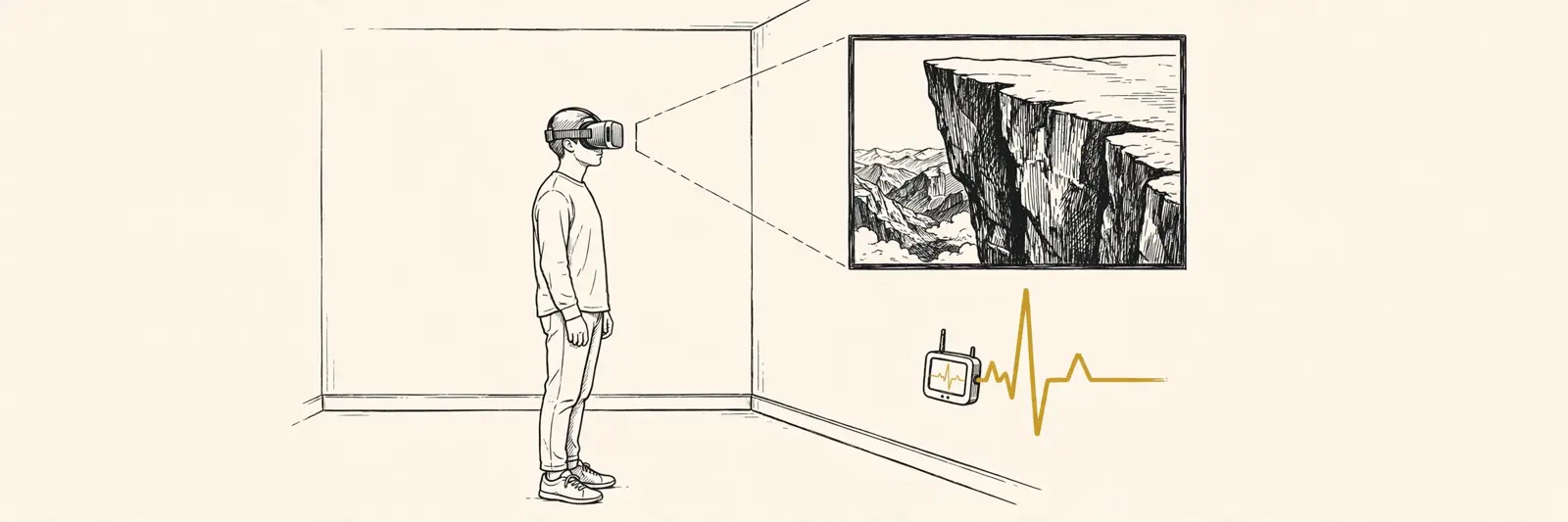 A VR wearer in a plain room facing a virtual cliff edge, pulse rising