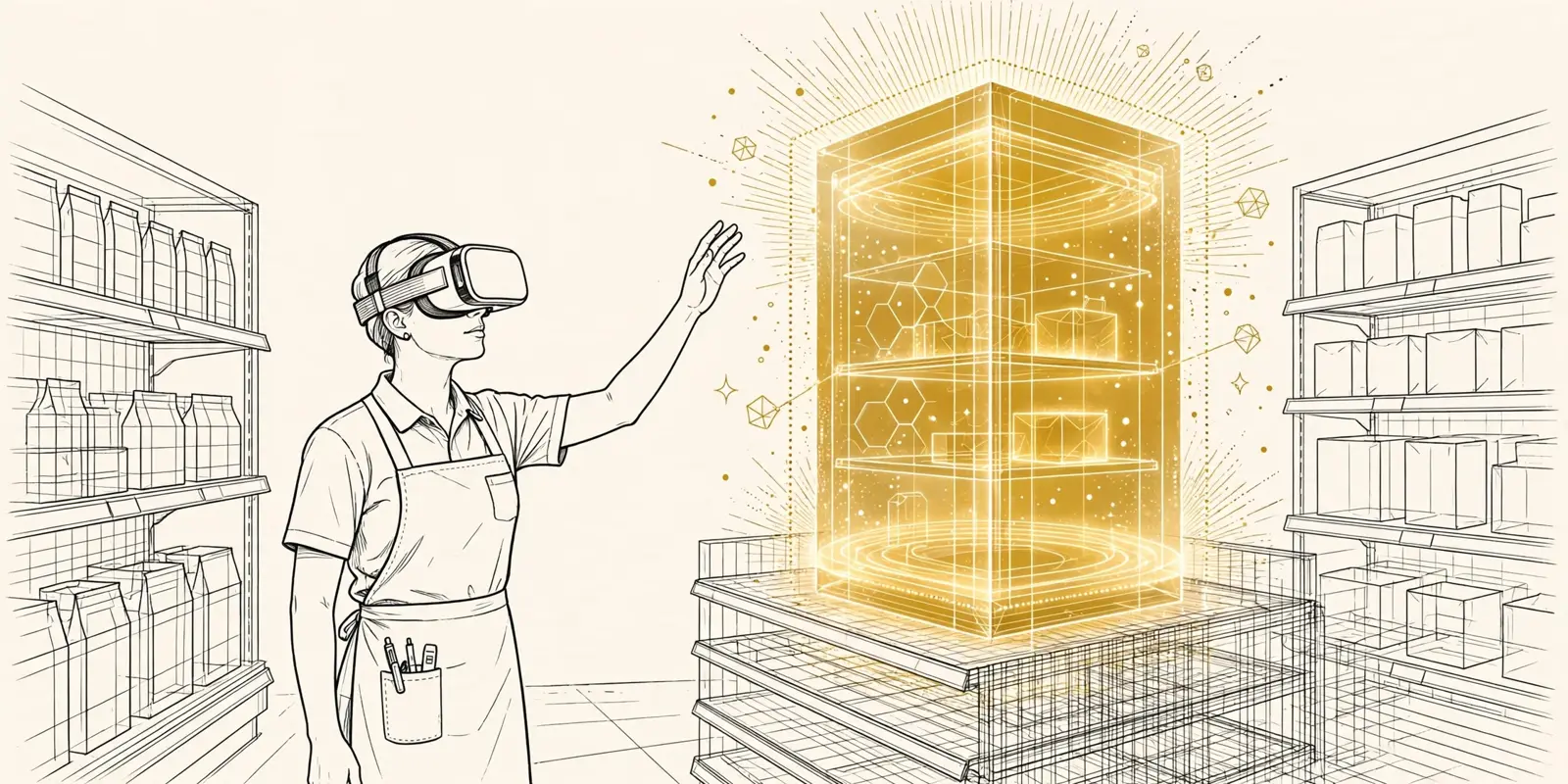 A retail associate in VR reaching for a glowing virtual pickup tower