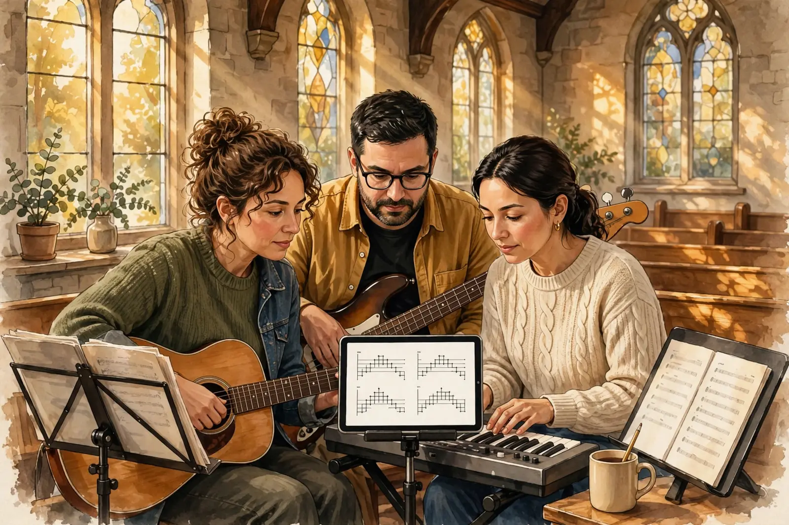 A church worship band, guitar, bass and keyboard, reading one shared chord chart on a tablet in golden light