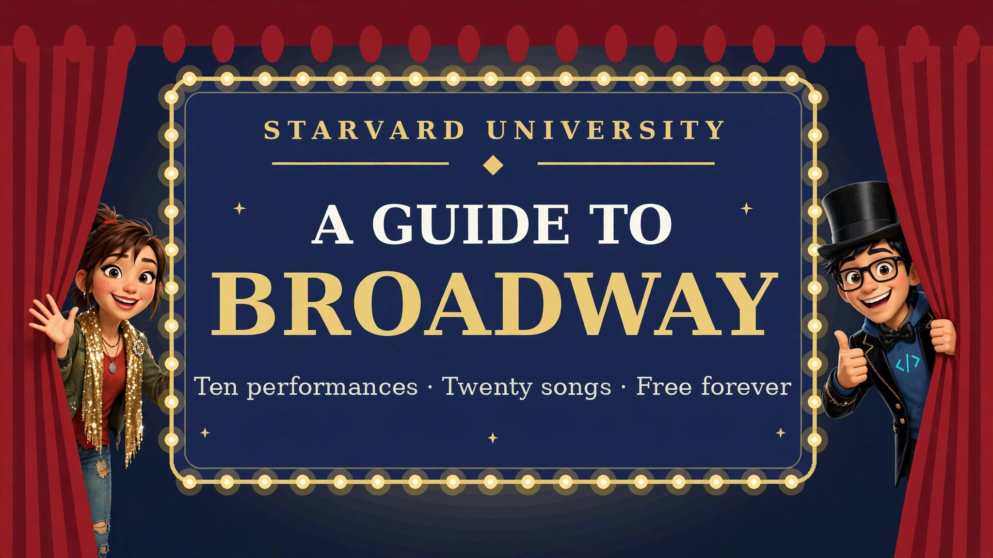 A Guide to Broadway course cover: a glowing Broadway marquee with a red curtain