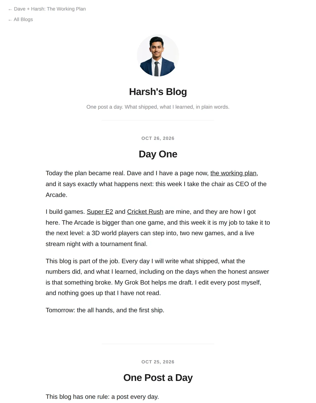 Screenshot of a real CEO blog from a founder in training, showing a daily post about his first day running a project