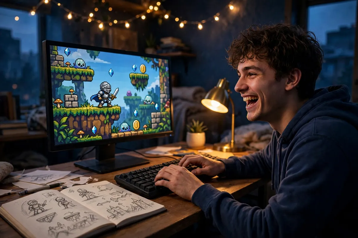 Isang estudyanteng naglalaro ng game na siya ang bumuo, sa Vibe Coding Video Games sa Starvard