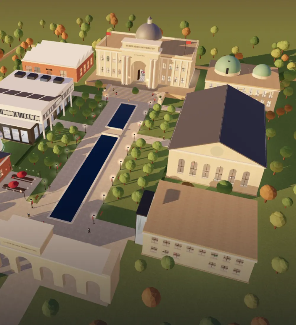 Ang campus ng Starvard sa 3D: Main Hall, ang aklatan, ang mga innovation lab, at ang mga reflective pond sa sentrong damuhan