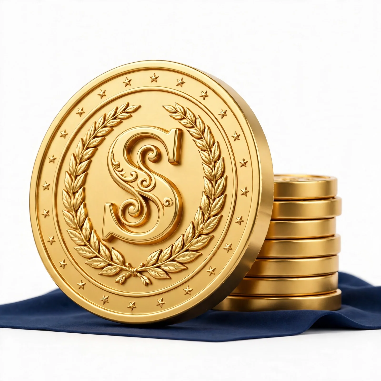 A big golden Starvard coin with a letter S seal and a laurel wreath, beside a stack of gold coins