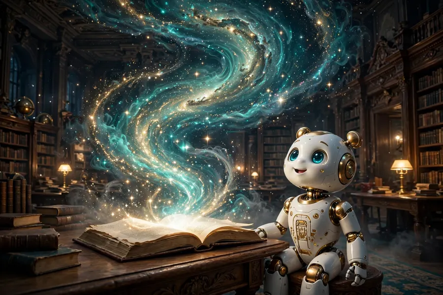 Isang magiliw na robot sa aklatan ng Starvard, na nakatingin sa isang kalawakan ng mga salita na umaangat mula sa isang libro