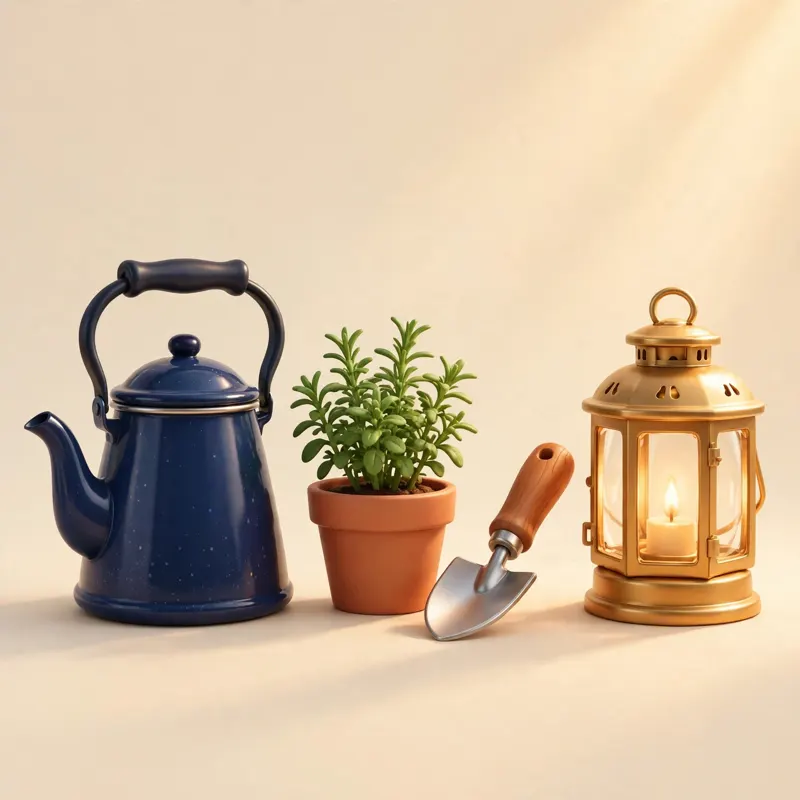 A kettle, a potted herb and a brass lantern: home and outdoors at Starvard