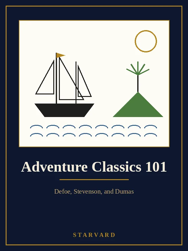 A small sailing ship approaching a green island under a gold sun, with a treasure map and crossed swords below, drawn in black and gold lines on a cream panel above the course title.