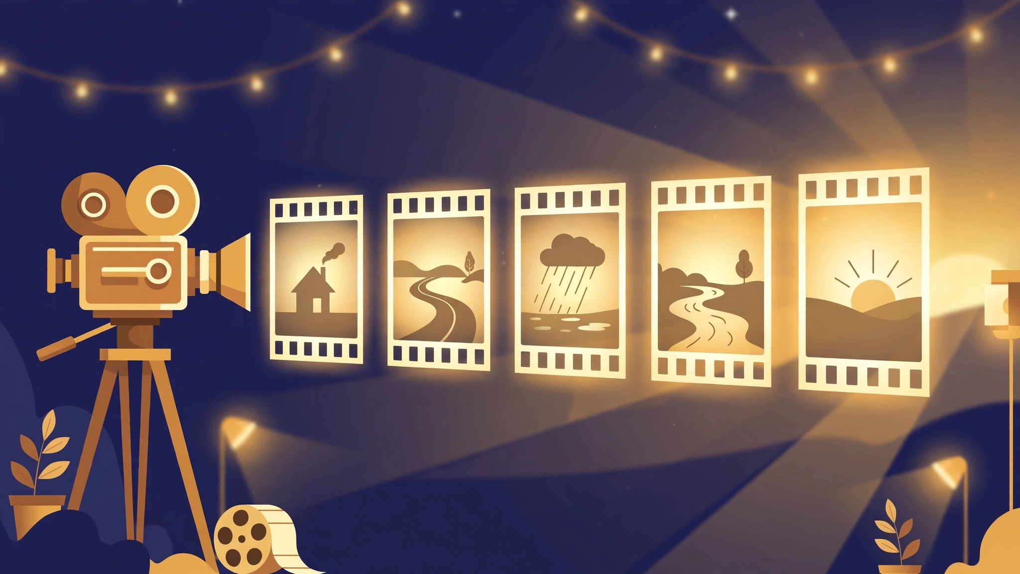 A cinema camera projecting five glowing film frames: a house, a road, a rainstorm, a river, a sunrise