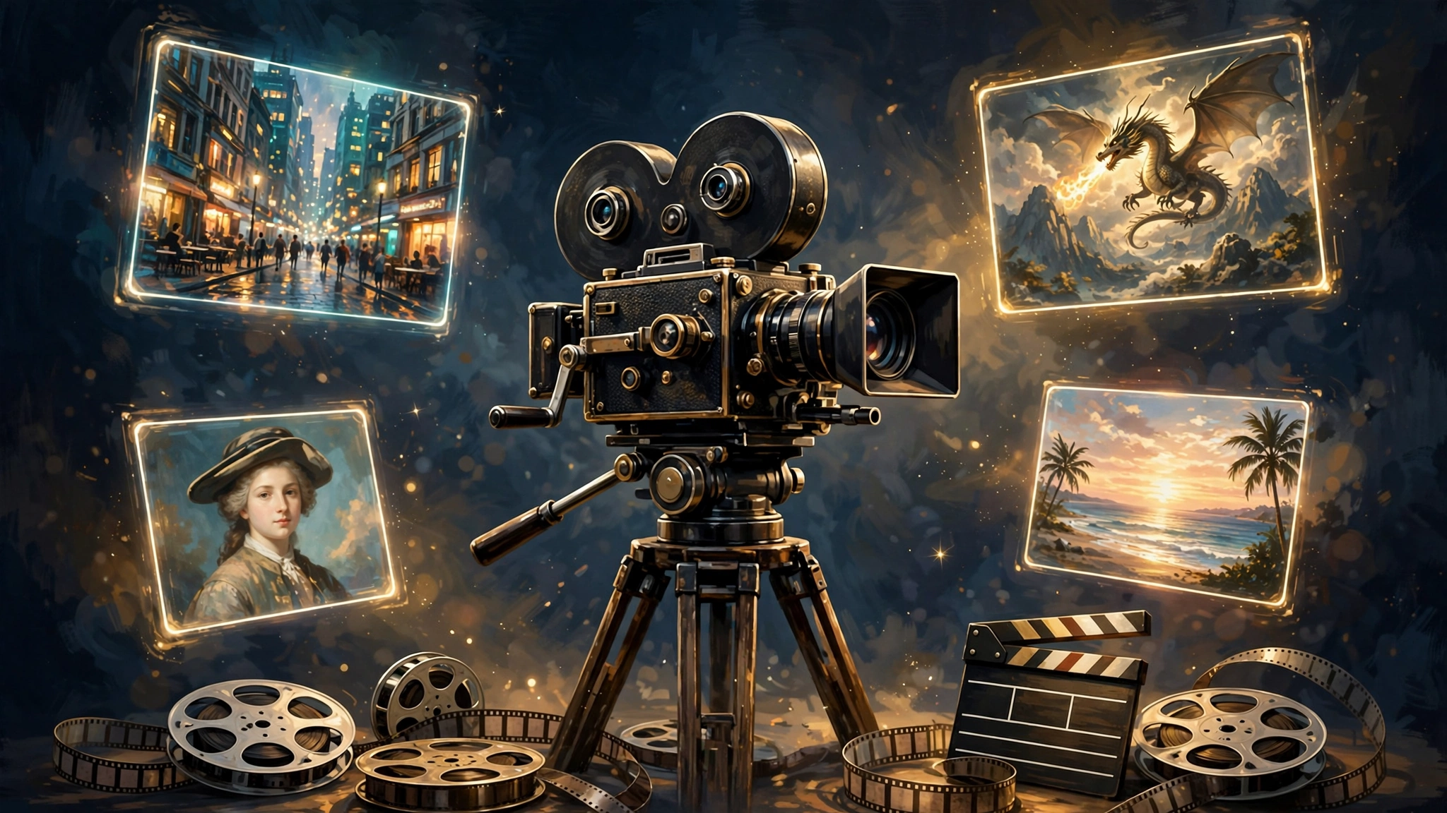 AI Filmmaking Tools, Compared course cover: a vintage cinema camera surrounded by glowing screens showing different film scenes