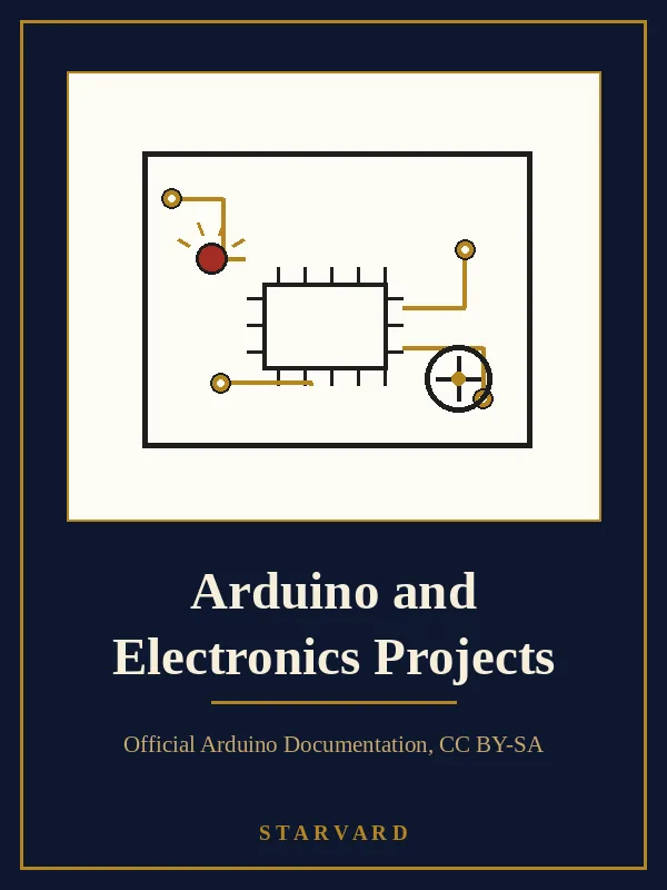 A circuit board with gold traces and glowing connection dots, one bright LED, and a small motor circle with a cross hub, bold and simple on a cream panel above the course title.