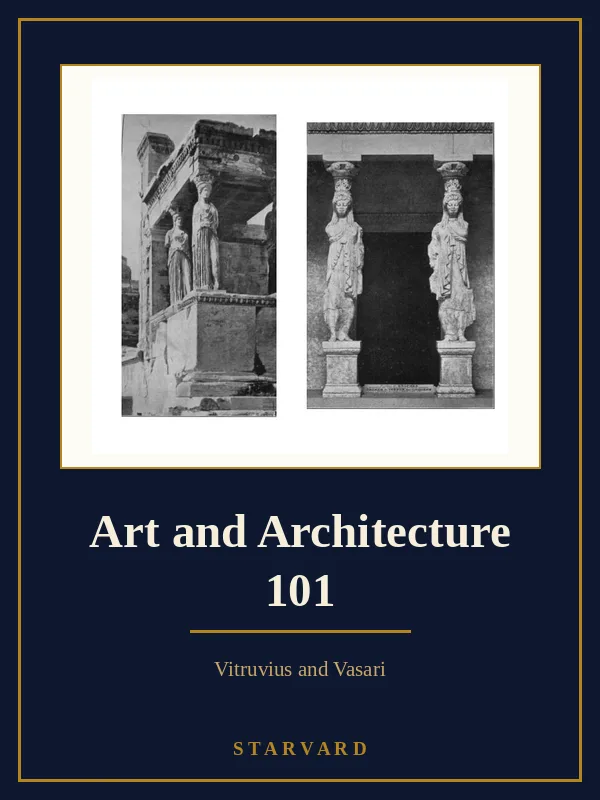 Photographs of the caryatid porch of the Erechtheion in Athens, from Morgan's edition of Vitruvius, set in a cream panel on a navy Starvard course cover.