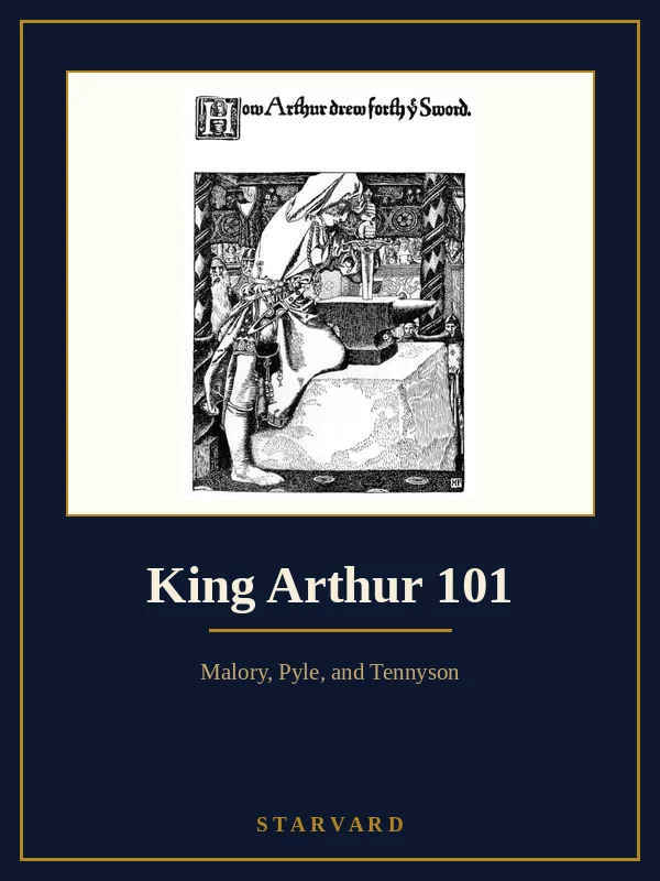 Howard Pyle's black and white illustration of young Arthur drawing the sword from the anvil set on a stone, watched by onlookers in a churchyard.