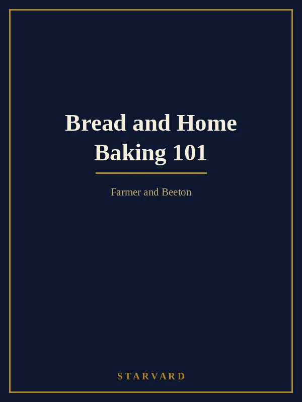 A vintage style kitchen table with a golden loaf of bread, a mixing bowl, sifted flour, a measuring cup levelled with a knife, and a warm oven behind.