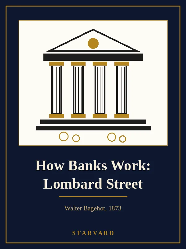 A classical bank front with a triangular pediment, four tall columns, wide steps, and gold coins at the base, drawn in black and gold lines on a cream panel above the course title.