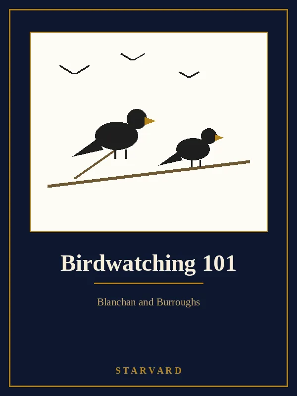A robin, a bluebird, and a chickadee perched on branches above an open field notebook and a small pair of binoculars resting on a garden bench.