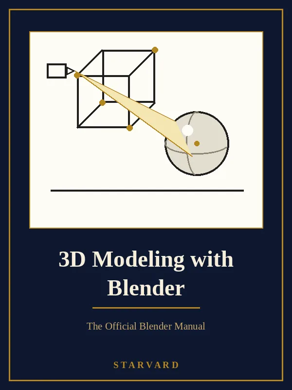A wireframe cube beside a shaded sphere with gold vertex dots, and a small camera cone of light, bold and simple on a cream panel above the course title.