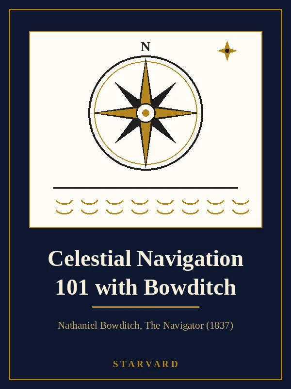 A compass rose with a bright north star above a horizon line and waves, drawn in black and gold lines on a cream panel above the course title.