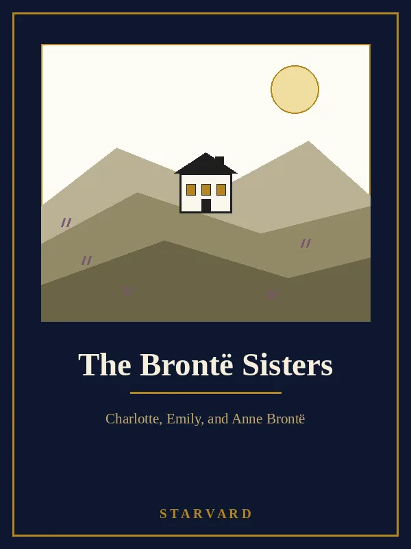 A small parsonage with three lit windows standing among rolling moorland hills under a pale sun on a cream panel above the course title.