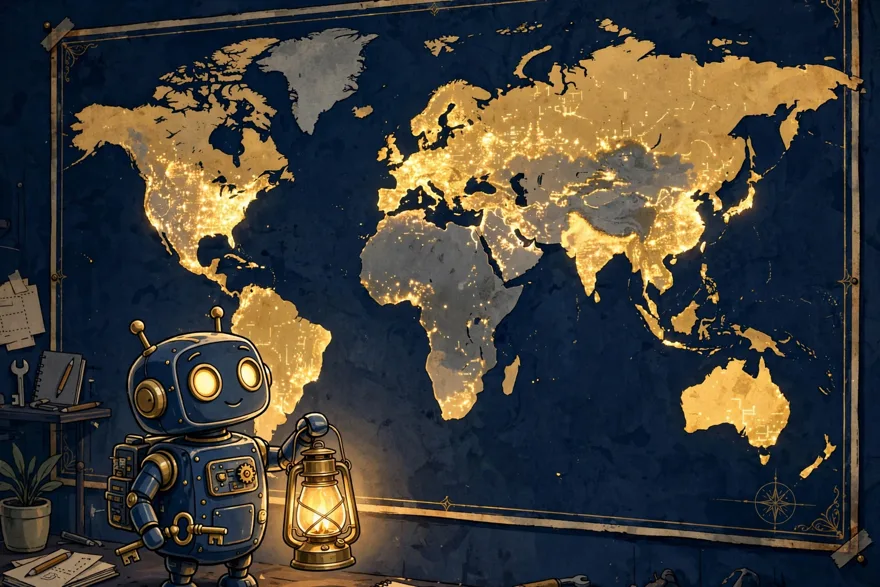 A friendly robot with a lantern looking at a world map, most of it lit gold