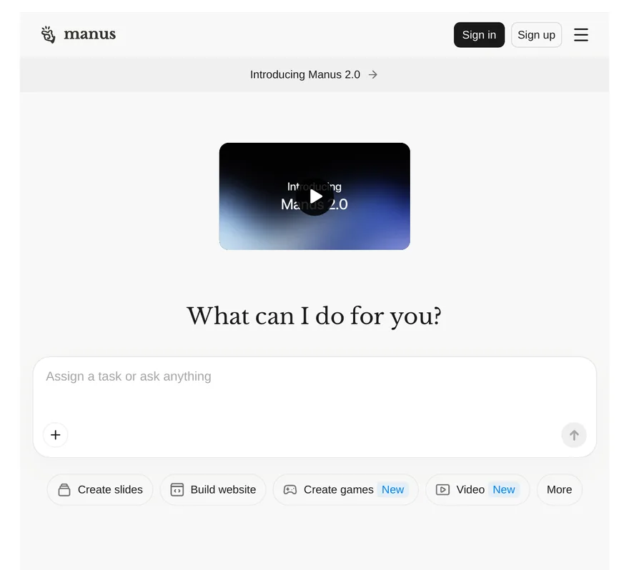 The Manus homepage