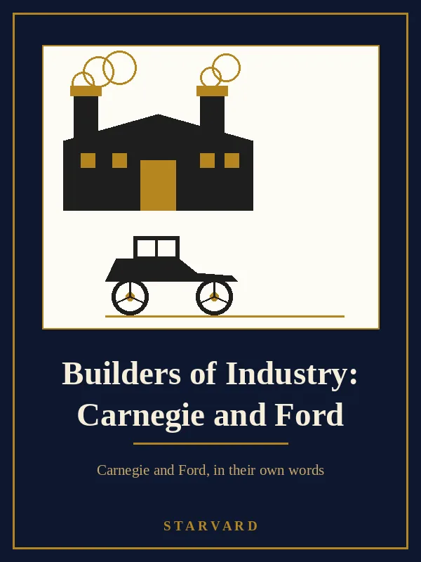A steel mill with tall chimneys and a glowing furnace beside an early open automobile with spoked wheels, drawn in black and gold lines on a cream panel above the course title.
