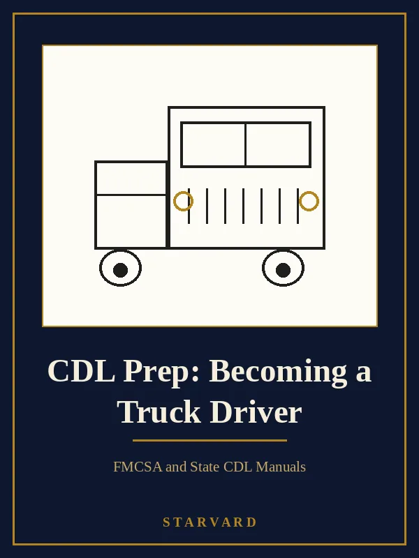 A large truck on an open highway at sunrise, bold and simple on a cream panel above the course title, with small gold lines around the truck.