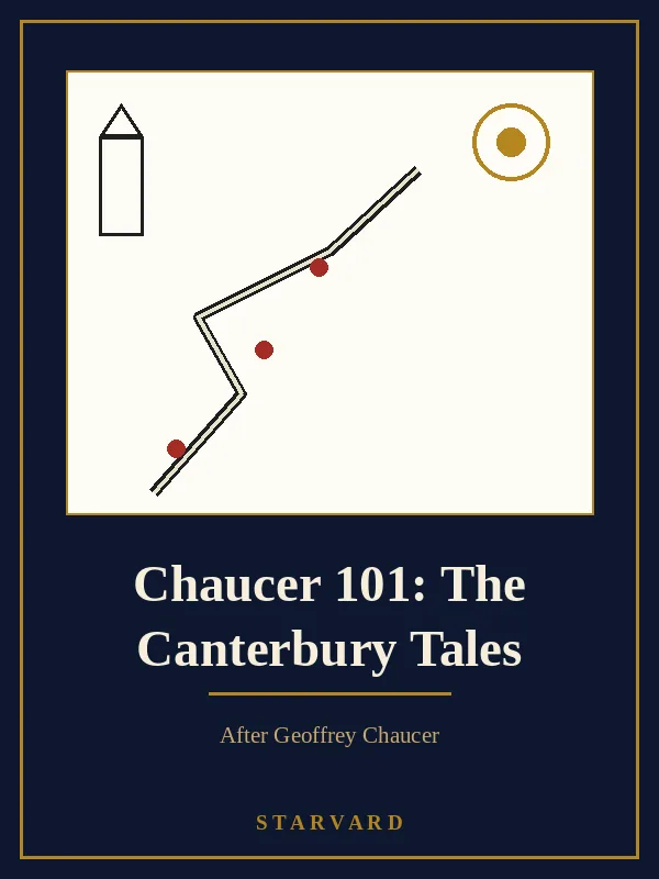 A winding pilgrim road on a cream panel, with a small gold sun and the towers of Canterbury in the distance, above the course title.