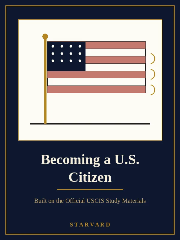 A waving flag with stars and stripes on a gold pole, bold and simple on a cream panel above the course title.