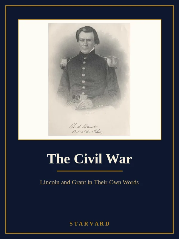 An engraving of the young U. S. Grant in uniform from his Personal Memoirs, set in a cream panel on a navy Starvard course cover.