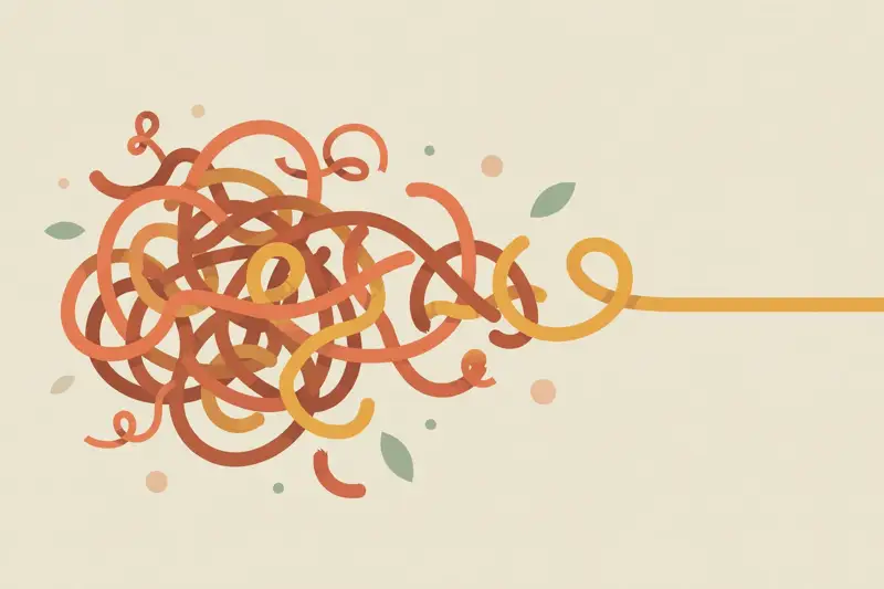 A tangled knot being untangled into a straight clear line