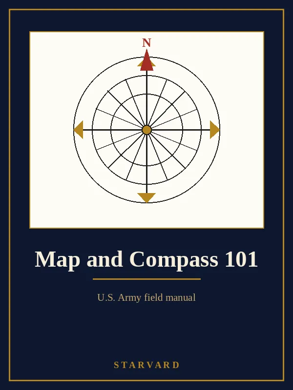 A topographic map spread on a wooden table with a lensatic compass, a protractor, and a pencil marking a route across brown contour lines.