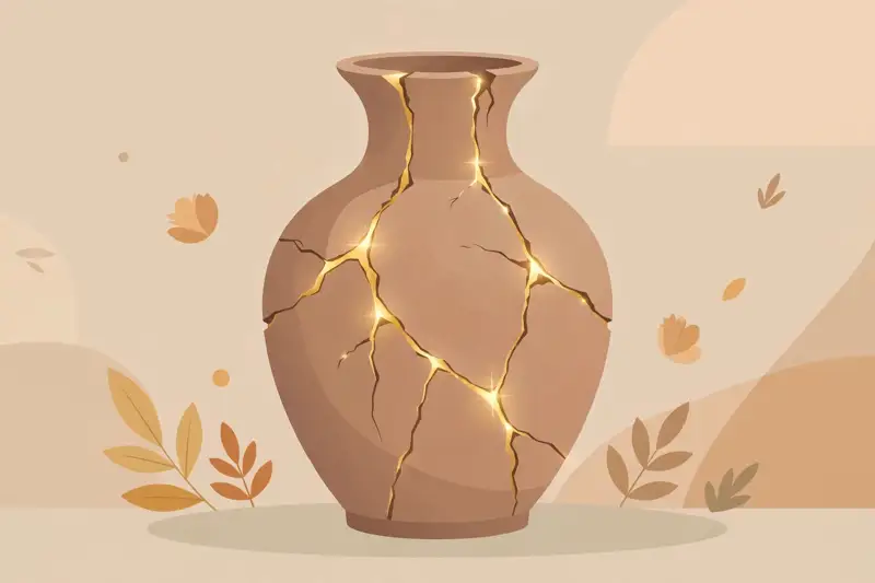 A cracked vase repaired with glowing gold seams