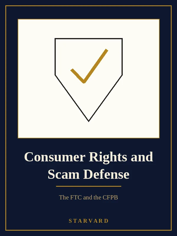 A bold shield with a check mark in its center on a cream panel above the course title, in navy and gold library style.