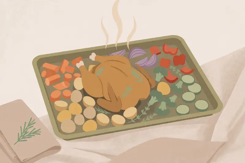 A sheet pan dinner with roasted chicken, potatoes, and vegetables