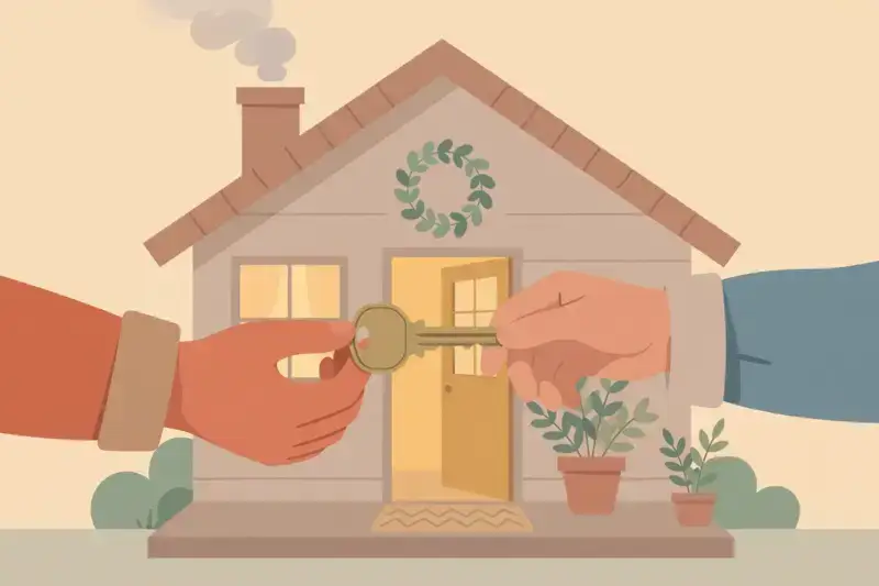 A house key being handed over in front of a welcoming home