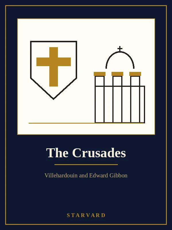 A crusader shield with a bold cross beside the domed churches and walls of a great eastern city, drawn in black and gold lines on a cream panel above the course title.