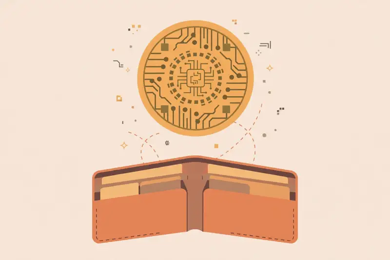 A large digital coin with circuit patterns floating above an open wallet