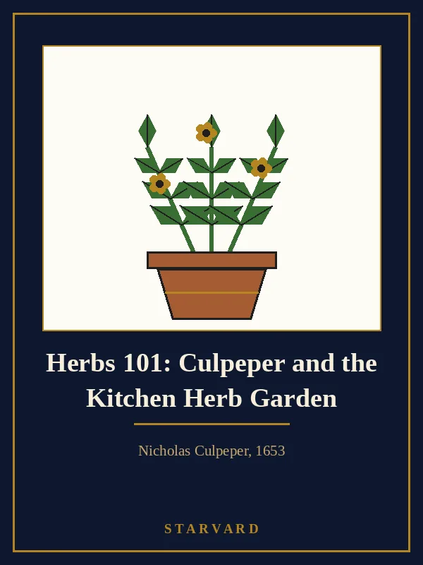 A green herb sprig with soft leaves beside a small terracotta pot and a pair of garden scissors, drawn in black and gold lines on a cream panel above the course title.