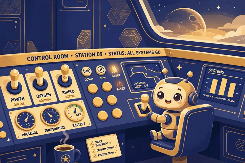 A robot at a control panel full of switches and dials