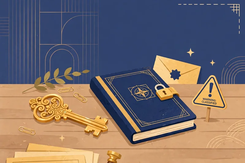 A golden key beside a locked book with a warning sign