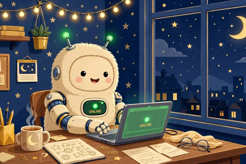 A robot working at a desk at night under the moon