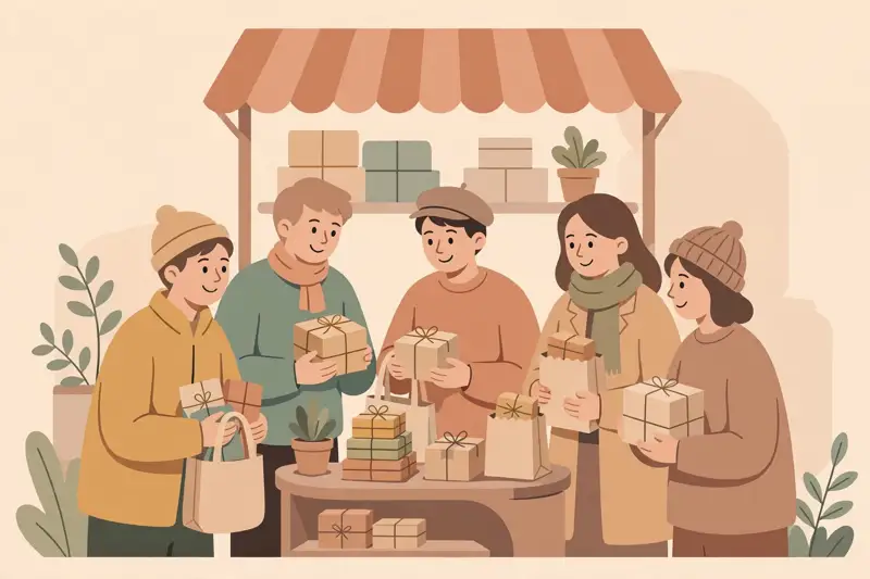 A crowd of happy customers around a small shop counter
