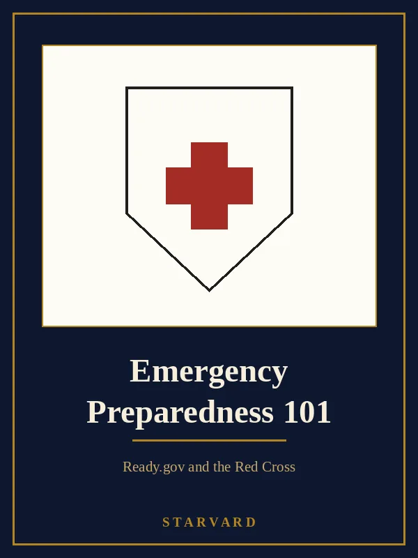 A red cross painted on a house shaped shield, bold and simple on a cream panel above the course title, with small gold lines around the shield.