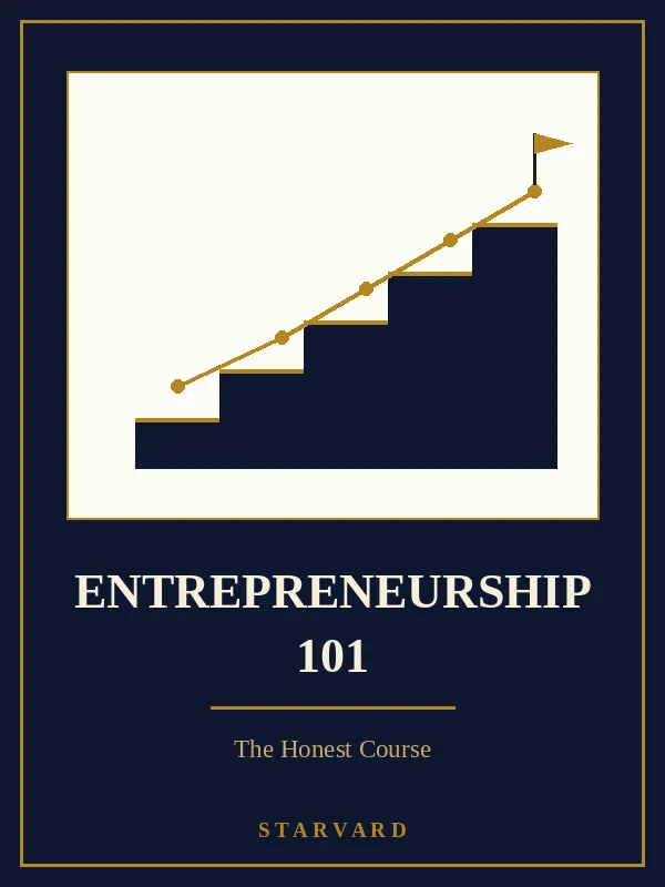 The Entrepreneurship 101 course cover: gold letters on deep navy reading Entrepreneurship 101, The Honest Course, above a small drawing of steps climbing upward.