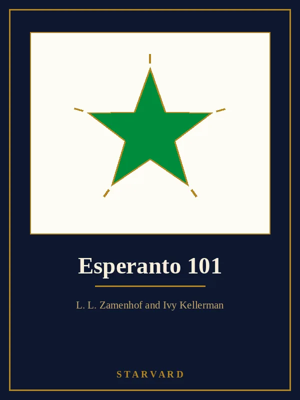 A green five pointed star, the symbol of Esperanto, drawn boldly on a cream panel above the course title, with small gold lines radiating from it like light.