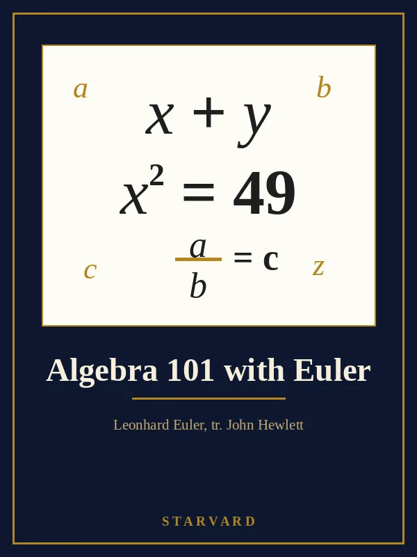 Large algebra letters and symbols, x plus y and a squared equation, drawn in black and gold lines on a cream panel above the course title.