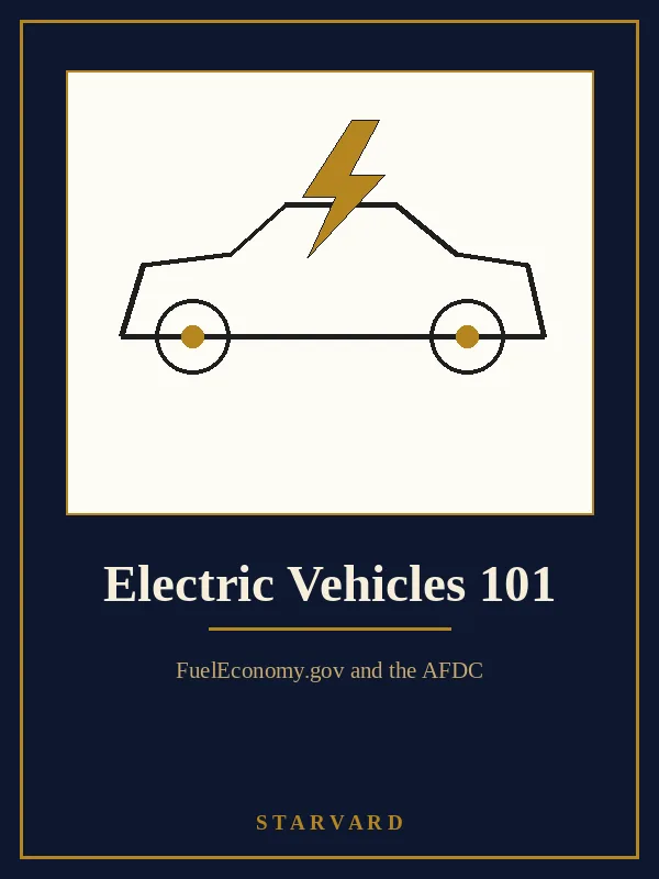 A simple electric car seen from the side on a cream panel, with a charging plug on a cord reaching to its side and a bold gold lightning bolt above the roof, in navy and gold library style.
