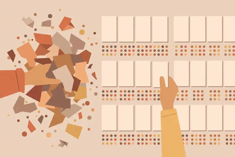 Hands tidying messy scattered data into neat organized rows